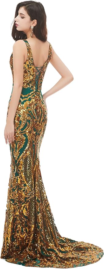 Women's Double V-Neck Sequins Lace-up Mermaid Evening Dress