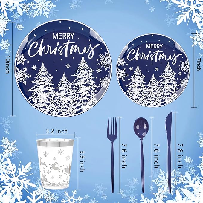 Supernal 150pcs Blue Christmas Plastic Plates - Christmas Party Tableware Set Include Blue Plastic Plates with White Xmas Trees, Heavy Duty Silverware Disposable, Silver Cups for New Year