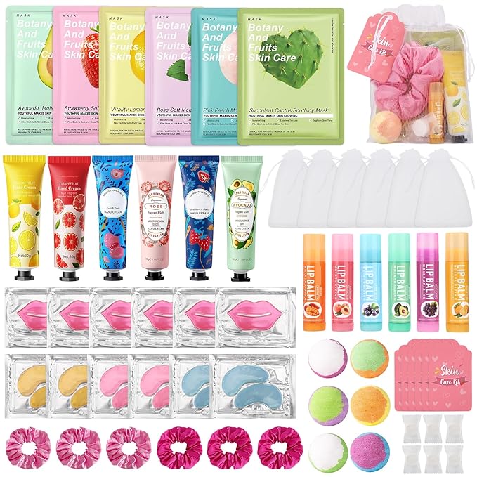 60PCS Spa Party Supplies for Girls, Include Facial Masks, Lip Mask, Under Eye Patches, Lip Balm, Foot Bath Bombs, Hand Cream, Compressed Towel, Hair Band, Sleepover Party Supplies for Girls