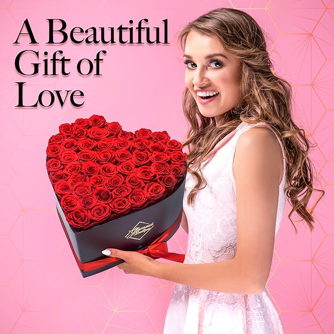 GLAMOUR BOUTIQUE 50 Flower Forever Heart Shape Box, Eternal Preserved Roses Gift for Her, Lasting Flowers, Grand Floral Heart Arrangement for Birthday, Anniversary Valentine’s Day, Red (Color-Treated)