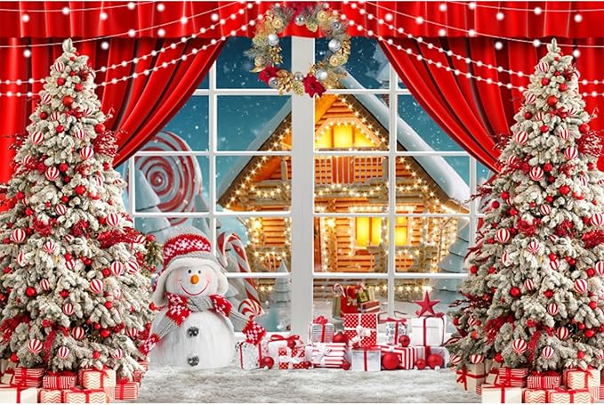 YongFoto Merry Christmas Backdrop 10x8ft Snowman Window View Snowy Town Xmas Tree Photography Background 2026 New Year Family Winter Holiday Party Banner Portrait Photoshoot Wallpaper Photo Booth