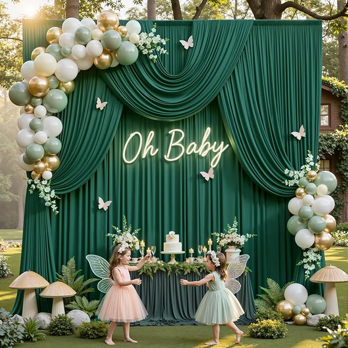 gogoparti 20x12ft Hunter Green Backdrop Curtain for Wedding Parties, 4 Panels (5x12 ft Each) Wrinkle-Free Dackdrop Curtains, Silky Draping Fabric for Birthday Party, Baby Shower, Photo Background