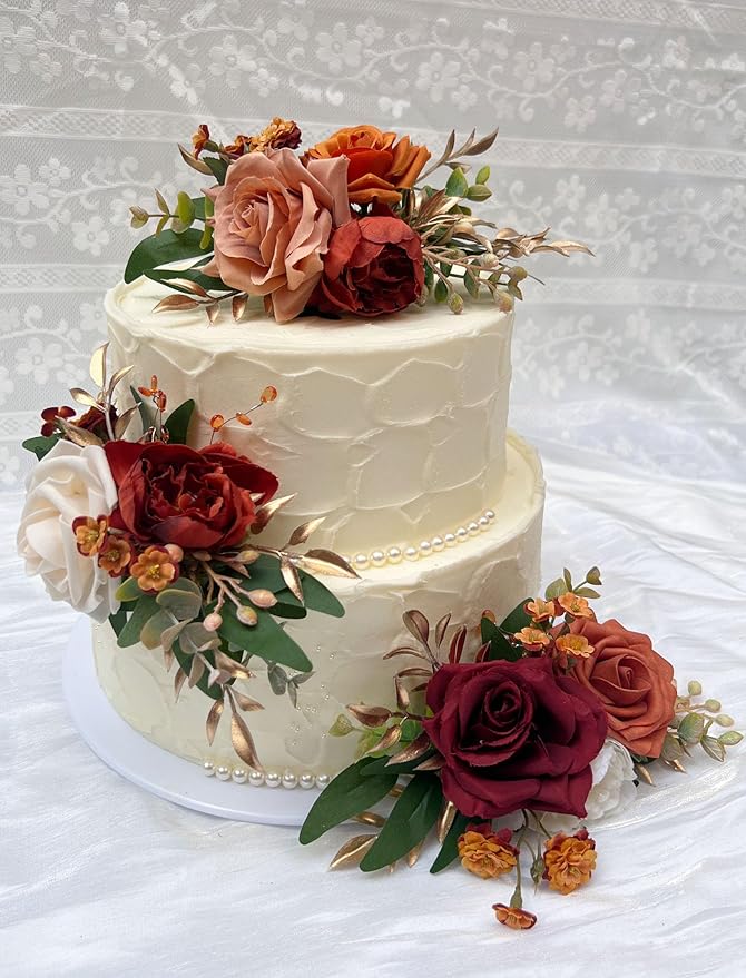 CherishedMoments 3Pcs Cake Topper Set, Artificial Flowers Decor Burnt Orange Cake Topper Decorations for Ceremony, Anniversary, Fall Vintage Wedding