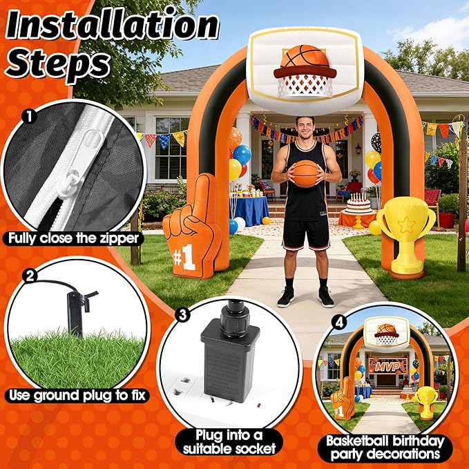 9 FT Giant Basketball Inflatable Arch, Game Day Blow up Basketball with 1 Blower Built-in 5LED Lights and 2 Banners for Team Coach Stadium Basketball Yard Outdoor Party Decorations