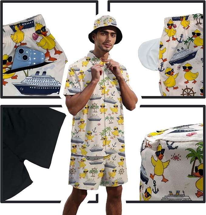 Men's Hawaiian Shirt and Shorts Set 2 Piece Beach Outfits with Bucket Hats for Beach Days and Summer Vibes