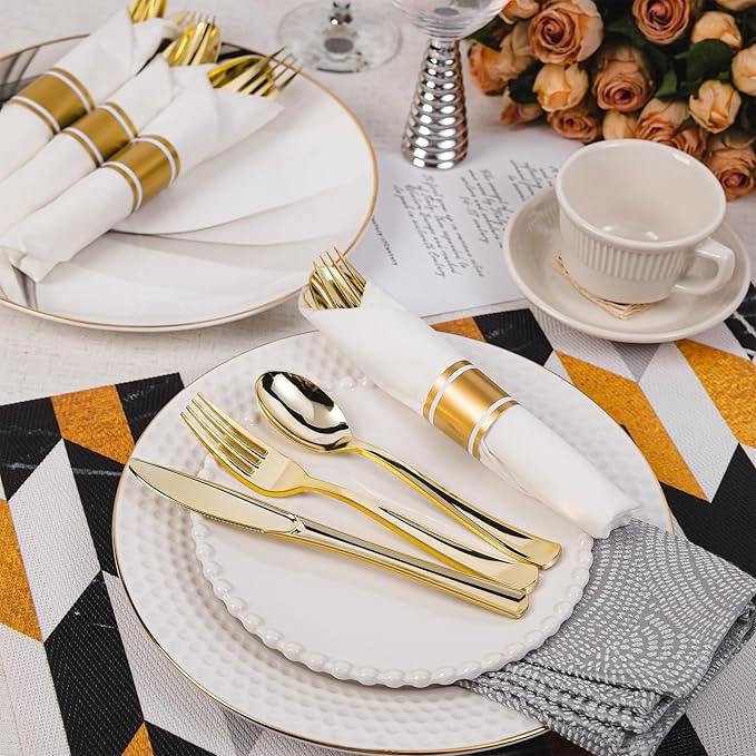 N9R 120 Pack Pre Rolled Gold Plastic Silverware Set, Wrapped Plastic Silverware Set with 120 Forks, 120 Knives, 120 Spoons and 120 Napkins, Disposable Cutlery Set for Party and Wedding