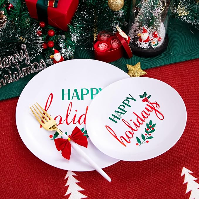 Supernal 150pcs Christmas Plastic Plates Disposable Holiday Plates,Christmas Dinnerware with Xmas Plate,White and Gold Plastic Silverware, Disposable Party Plate with "Happy Holiday"