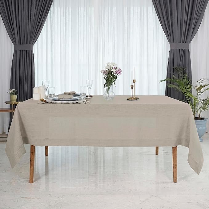 D'Moksha Homes Natural Linen Tablecloth 60 x 120 Inch - 100% Pure Linen Hemstitch Tablecloth for Rectangle Tables - Classic Hemstitch, Machine Washable Table Cloth for Valentines, Spring, Easter