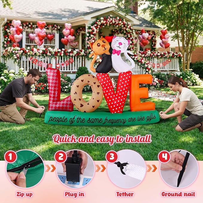 7.2Ft Valentines Inflatables Outdoor Decorations Love Letters Cuddling Cats, LED Blow Up Yard Garden Decor for Wedding Proposal Anniversary, Waterproof Lawn Display with 6 Stakes
