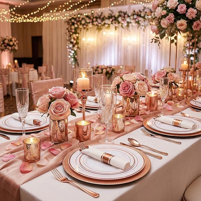 WELLIFE 350Pcs Rose Gold Plastic Plates for 50 Guests - Plastic Dinnerware Set,Party Supplies Includes 100 Rose Gold plates,150 Silverware,50 Napkins,50 Cups for Valentines and Galentines
