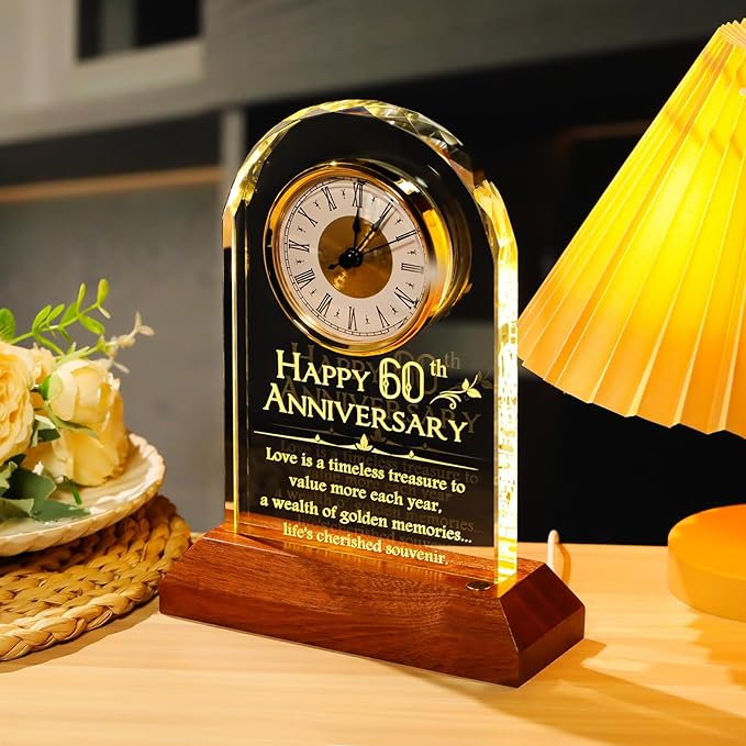 YWHL 60th Wedding Anniversary Clock Gifts for Parents Grandparents, 60 Years Anniversary Couple Gift, Table Clock Glass Presents with Wooden Light Base for Home Decoration (Battery not Included)