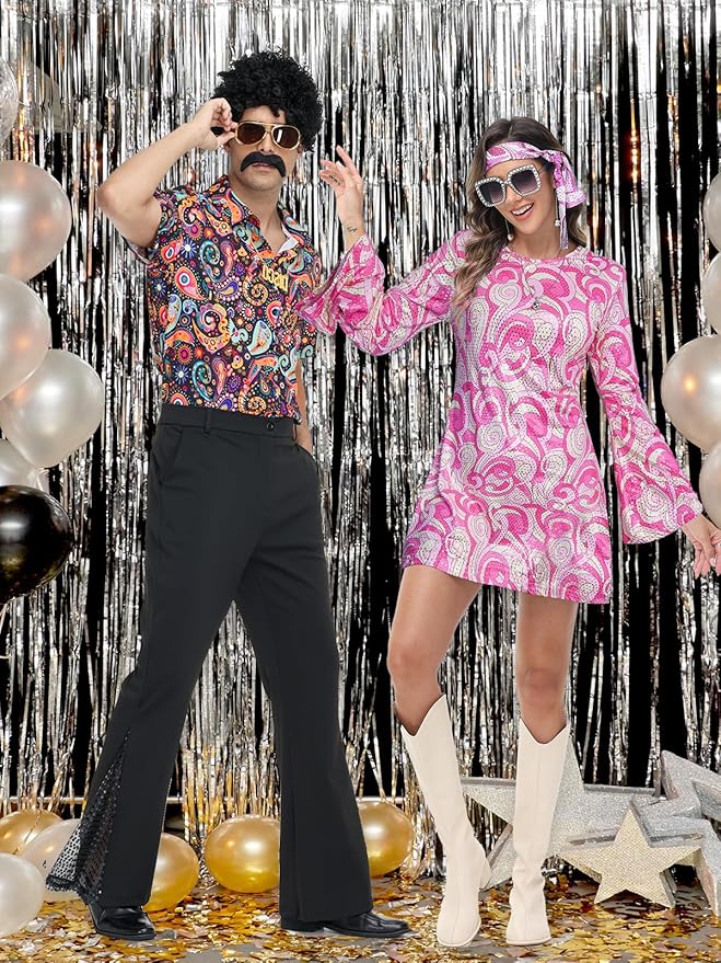 7Pcs Mens 70s Disco Costume, Retro Shirt Bell Bottom Pants Wig Sunglasses Necklace Wig Cap for Disco Party