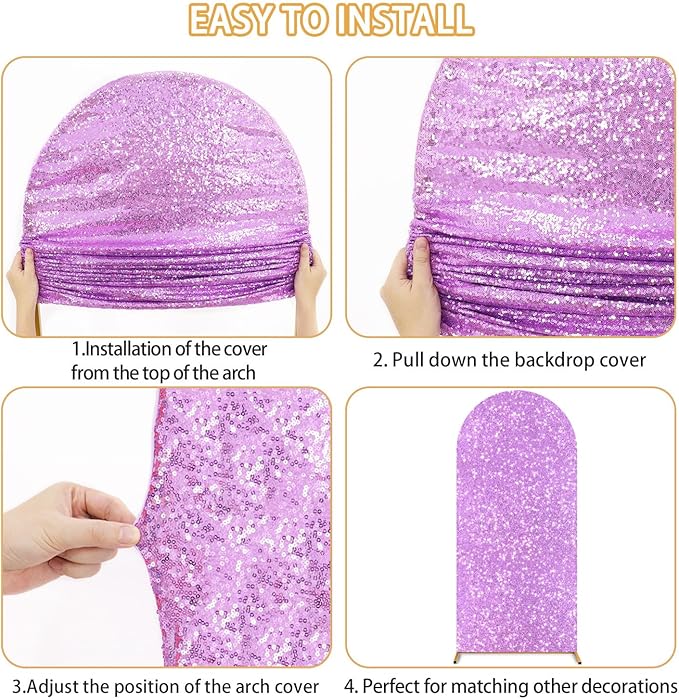 FUHSY Lavender 7.2FT Spandex Arch Cover Sequin Arch Cover Backdrop Fabric Glitter Chiara Arched Cover Wall 2-Sided Covers for Arches Lilac Shimmer Backdrop for Gender Reveal Birthday Event