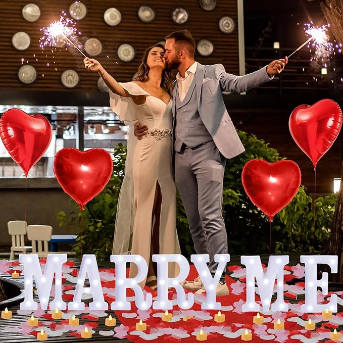 Marry Me Light Up Letters Proposal Decorations Marry Me Sign 24 LED Candles 2000 Rose Petals 10 Foil Balloon 10ft Carpet Runner Rose Ring Box for Valentine's Day Wedding Proposal Engagement (White)