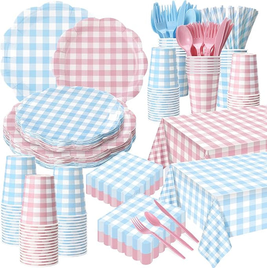 452 Pcs Gender Reveal Gingham Party Decoration for 50, Pink and Blue Gingham Checkered Paper Plates Napkins Cups Tablecloth Cutlery Straws for Gender Reveal Baby Shower Party Supplies