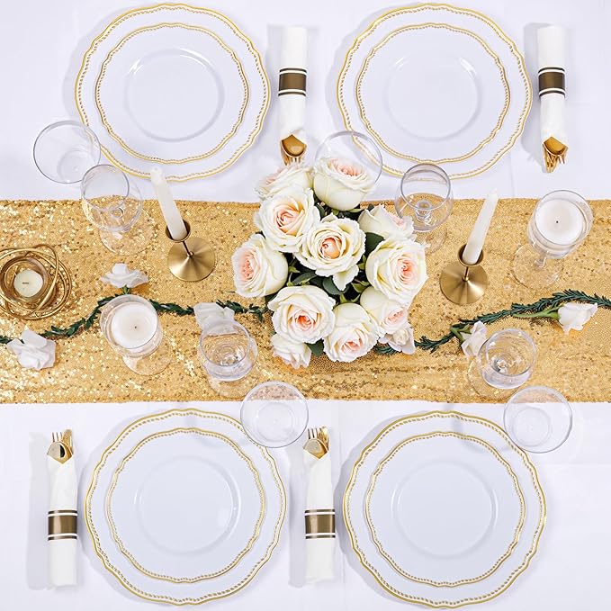 Hioasis 350pcs White and Gold Plastic Plates - Gold Plastic Dinnerware Set Includes 50 Dinner Plates, 50 Dessert Dinnerware, 50 Cups, 50 Rolled Napkin Cutlery Perfect for Wedding & Party