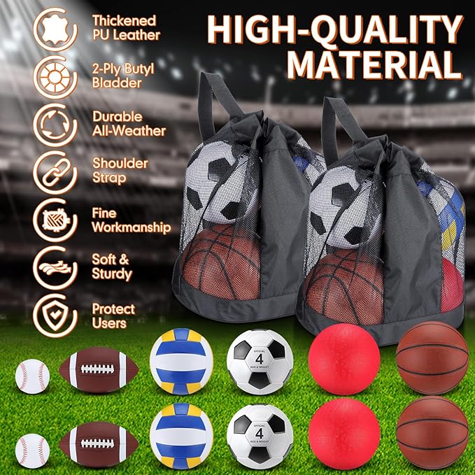 Deekin 12 Pcs Assorted Sport Ball Set for Kids Official Size Basketball Football Volleyball Soccer Baseball Playground Ball with Bag and Pump for Valentine's Kid Youth Gift