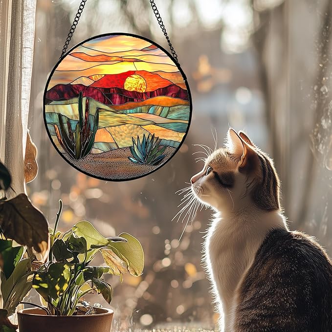 Stained Glass Window Hanging, Golden Landscape Dusk Sunset Suncatcher for Doors Window Home Cactus Sun Catchers Decoration Mother's Day Birthday Gifts for Women, Men, and Mom 15 in