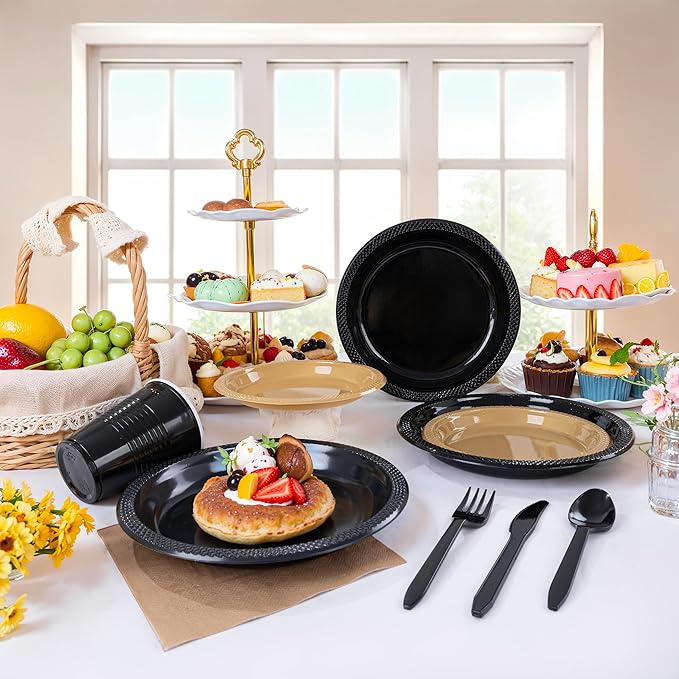 MirthMood 350PCS Black and Gold Plastic Plates,Black Disposable Plates –Plastic Plates Set Includes 50 Dinner,50 Dessert Plate,50 Cup&50 Napkins, 50 Black Silverware for Wedding& Parties