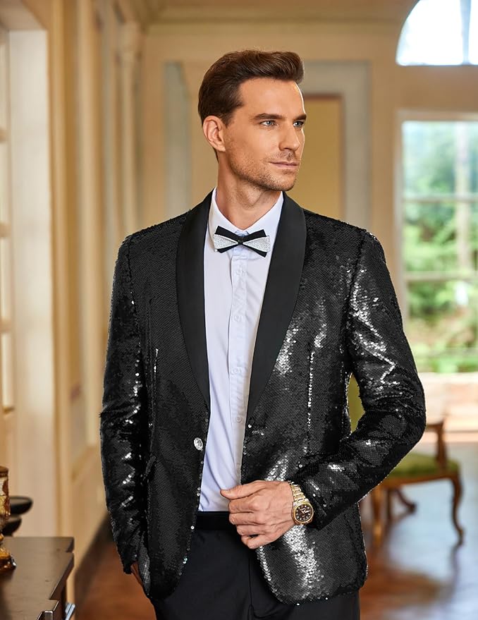 COOFANDY Mens Shiny Sequin Blazer Tuxedo Party Dinner Prom One Button Suit Jacket