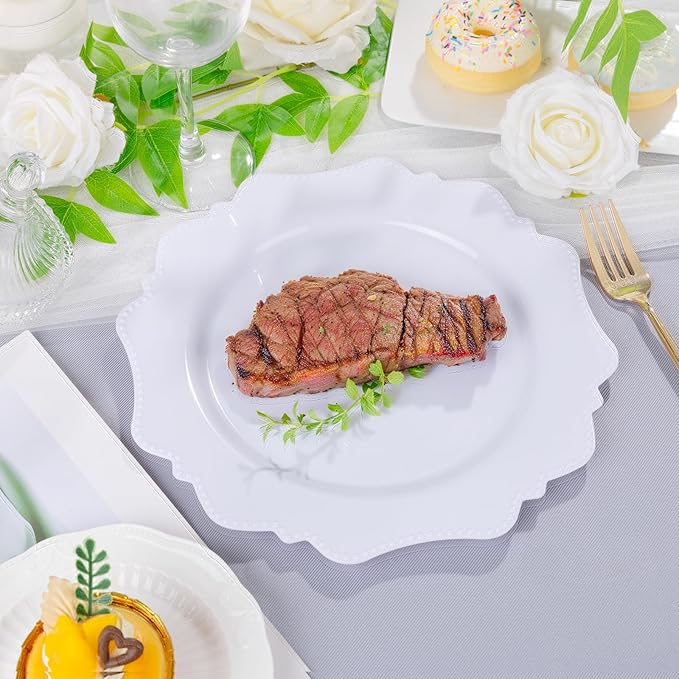COLOSUS 100pcs 9.5 Inch-White Plastic Dinner Plates, Fancy White Plastic Plates,Heavy Duty Disposable Dinner Plates for Party Thanksgiving and Everyday Use