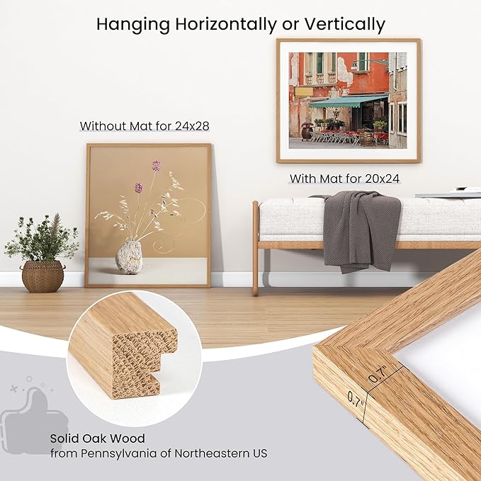 Axeman 24x28 Poster Frame - Solid Oak Wood 24x28 Frame With Mat for 20x24, 28x24 Wood Poster Frame | Tempered Glass and Hanging Hardware Included Home Wall Decor Art Hanging Frame, Oak