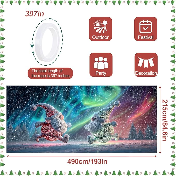 Christmas Garage Door Banner 7x16FT Dancing Gnomes Under Aurora, Holiday Garage Door Cover for Outdoor Decorations & Yard Displays