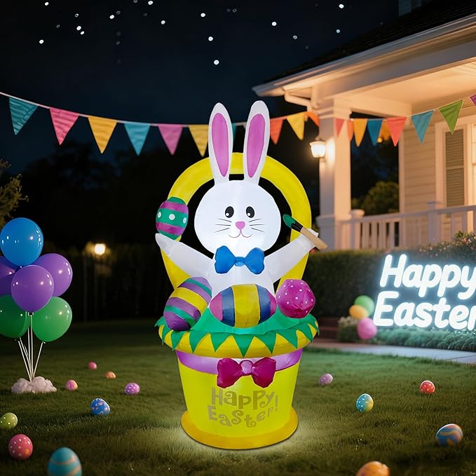 5 FT Easter Inflatable Outdoor Decoration, Inflatables Bunny with Basket and Eggs, Happy Easter Blow up Rabbit for Yard Lawn Garden Holiday Party