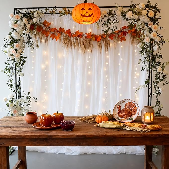 30x8ft White Tulle Backdrop Curtain with Lights String for Parites, Sheer Photo Backdrop Curtains with Lights for Wedding Backdrop Ceremony Reception Bridal Shower Baby Shower Birthday Party