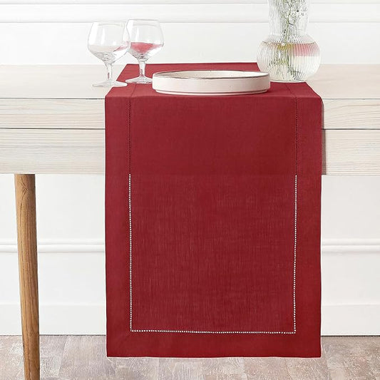 D'Moksha Homes Linen Red Table Runner 132 Inches Long - 100% Pure Linen Extra Long Table Runner 14 x 132 Inch for Valentines, Spring - Classic Hemstitch