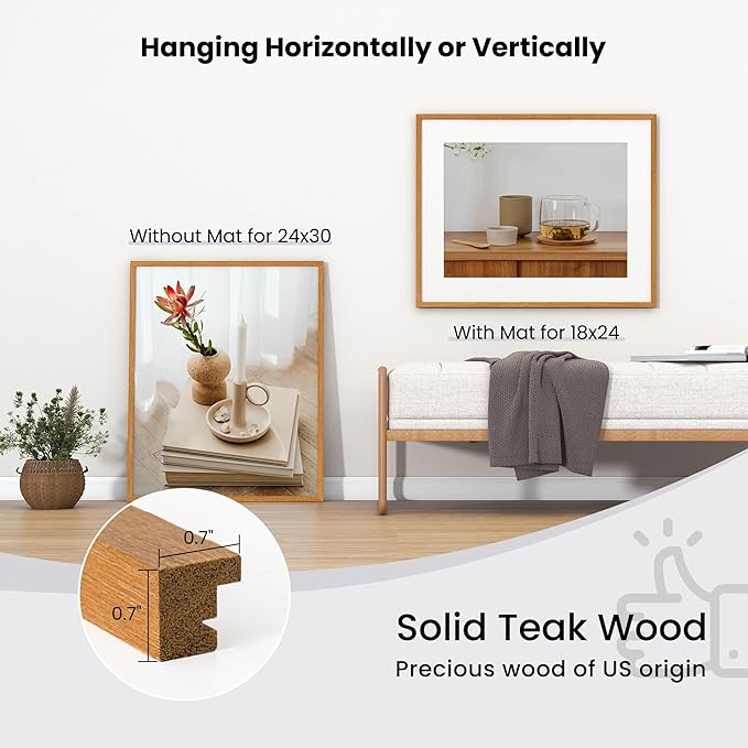 Axeman 24x30 Picture Frame - Solid Teak Wood 24 By 30 Poster Frame With Mat For 18x24, Tempered Glass And Hanging Hardware Included Home Decor Hanging Frame, Natural Teak