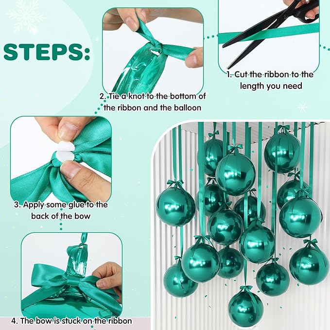 Jenaai 30 Set Round Foil Balloons Bulk 22 Inch 4d Metallic Giant Balloons Set with Satin Bows Ribbon for Ceiling Holiday Ornaments New Year Birthday Wedding Party Decoration(Green)