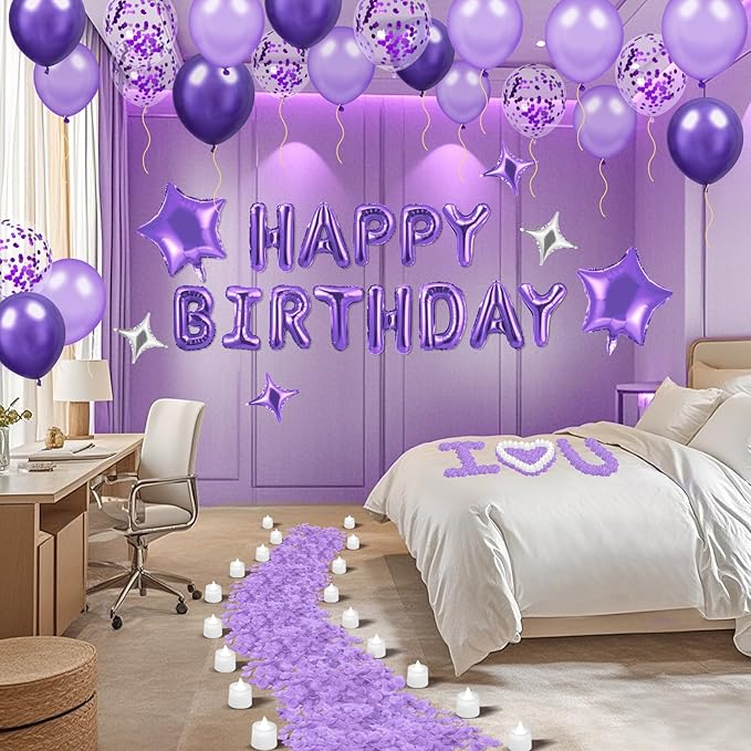 Purple Happy Birthday Balloons Decorations Purple Lavender Birthday Balloon Letters Banner with 6 Pcs Star Balloons Artificial Rose Petals 24 Flameless LED Candles for Room Hotel Party Decorations