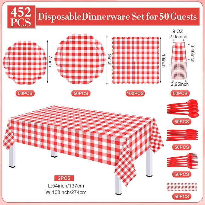 452 Pcs Red Gingham Party Supplies for 50, Red and White Gingham Checkered Paper Plates Napkins Cups Tablecloth Cutlery Straws for Birthday Family Picnic Camping Barbecue Party Decoration