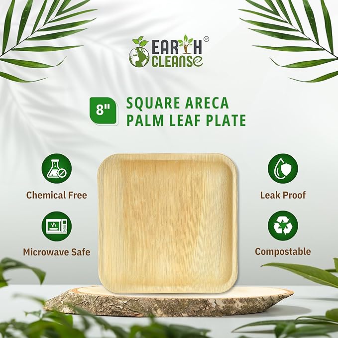 Compostable Palm Leaf Plates 8 Inch Square (75 Pack) | Disposable Biodegradable Plates Like Bamboo & Wooden | Microwave & Oven Safe | Eco-Friendly