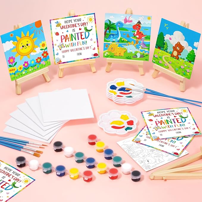 Valentines Day Gifts for Kids, 24 Set Mini Acrylic Paint Kit with Valentines Day Cards, Wood Easel, Canvases, Painting Kits for Kids Girls Boys, Party Favor Valentine Exchange Gift Class Prize