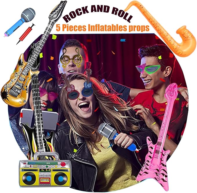 50 Pcs Rock Party Photo Booth Props Set for Adults, Funny Rock Star Party Sunglasses, Hats, Wigs, Inflatable, Photo Booth Props Kits for Graduation, Wedding, Birthday, Bachelorette and All Occasions