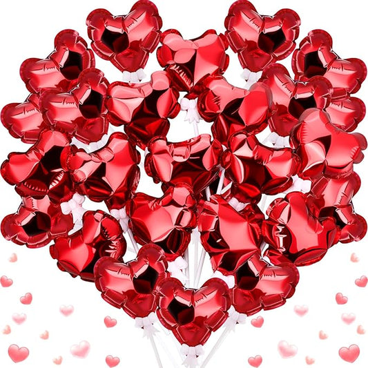 100 Pcs Valentine's Day Self Inflatable Heart Balloons with Bow Stems Mini Heart Balloons Decoration for Valentine Wedding Anniversary Party Supplies Cake Toppers(Red,6 Inch)