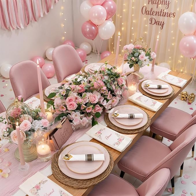 KIRE 175PCS Pink Plates Disposable - Heavy Duty Pink and Gold Plastic Plates Dinnerware Sets - 25 for Dinner 25 for Dessert 25 Pre Rolled Napkins 25Cups for Party/Wedding/Valentine's Day/Baby Shower