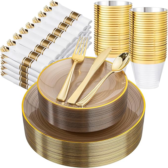 Morejoy 350PCS Clear Brown Plastic Plates - Disposable Gold Party Plates & Pre Rolled Napkins with Cutlery for 50 Guests, 100Plates, 150Silverware, 50Cups, 50Napkin for Party & Christmas