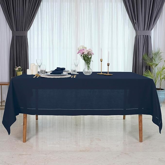 D'Moksha Homes Navy Blue Linen Tablecloth for Rectangle Tables 60 x 90 Inch - 100% Pure Linen Navy Table Cloth - Classic Hemstitch, Machine Washable Tablecloth for Easter