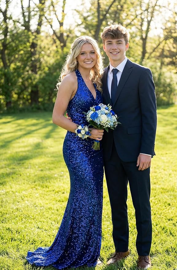 Halter Sequin Prom Dress for Women 2026 Pleats Formal Evening Dress with Slit L01032