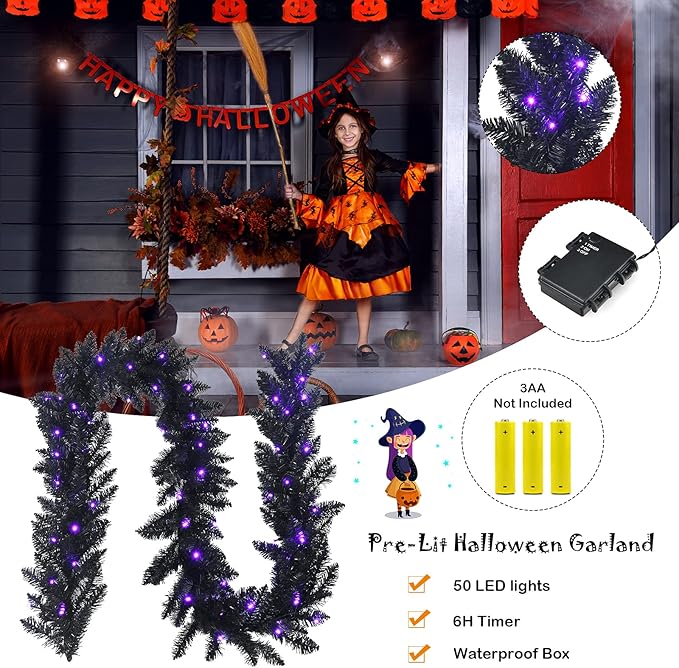 Goplus 9FT Black Christmas Garland with Lights, Pre-lit Artificial Battery Operated Halloween Garland W/ 50 LED Lights, Waterproof Controller with Timer, Xmas Decorations for Indoor Stairs Fireplace