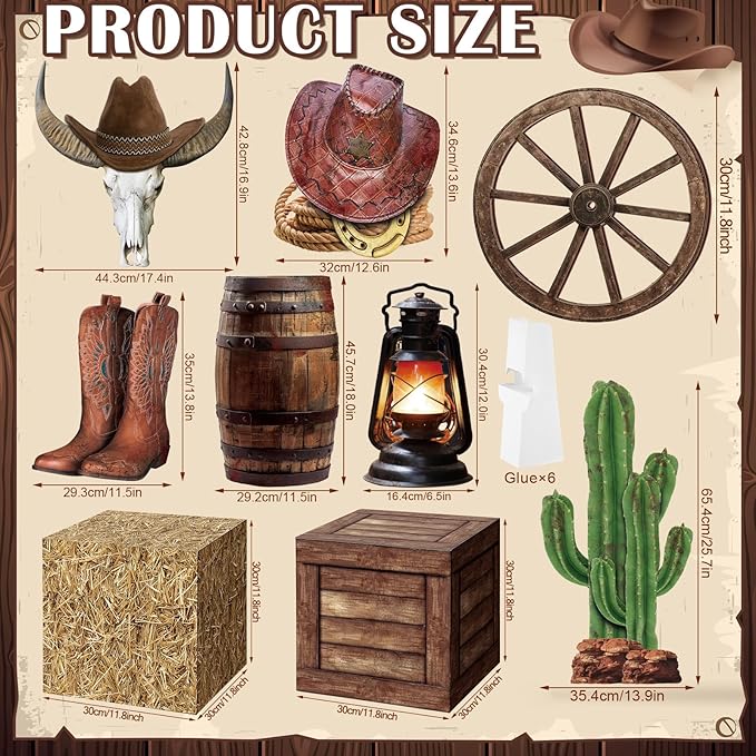 16 Pcs Western Cowboy Party Decorations 6 Hay Bales Boxes Wooden Print Boxes Wagon Wheels and Western Cowboy Centerpieces Decor for Photo Booth Props Farm Cowgirl Birthday Party