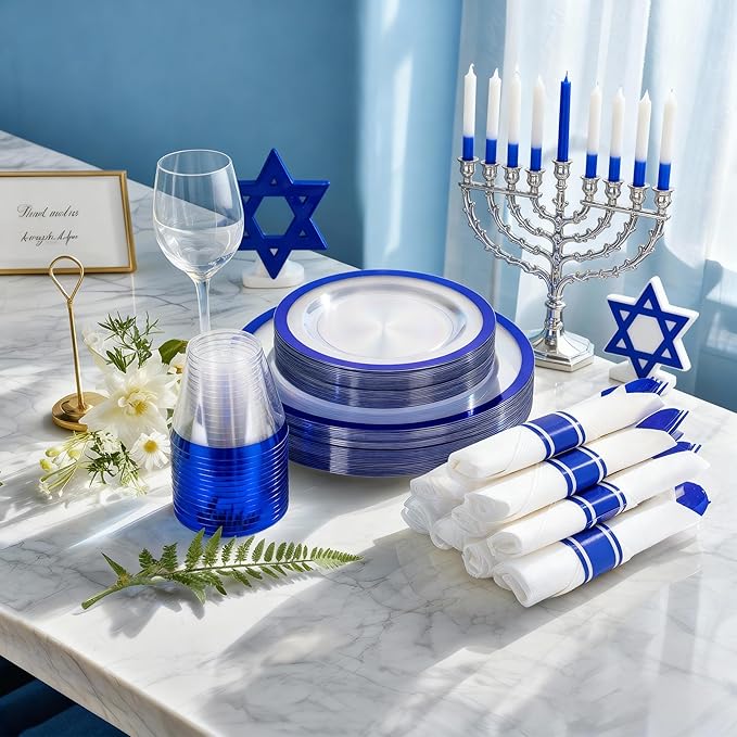 I00000 210 Pcs Dark Blue Plastic Plates, Clear Disposable Plates for 30 Guests, Blue Dinnerware Include 30 Dinner Plates 30 Dessert Plates, 30 Cups, 30 Pre Rolled Napkins with Cutlery Set for Party