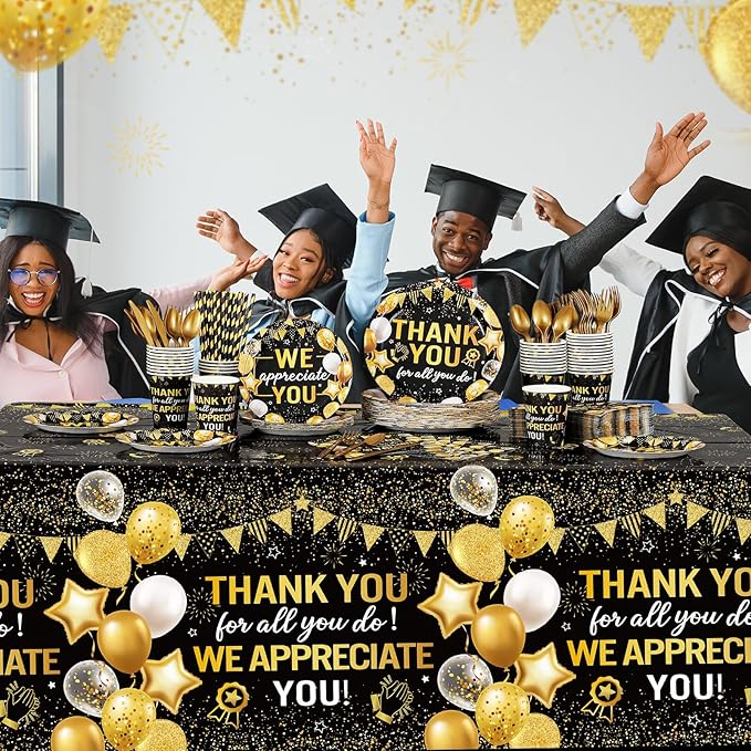 452 Pcs Black Gold We Appreciate You Decorations for 50, Thank You Paper Plates Napkins Cups Tablecloth Cutlery Straws for Employee Housekeeping Week Pastor Appreciation Party Supplies
