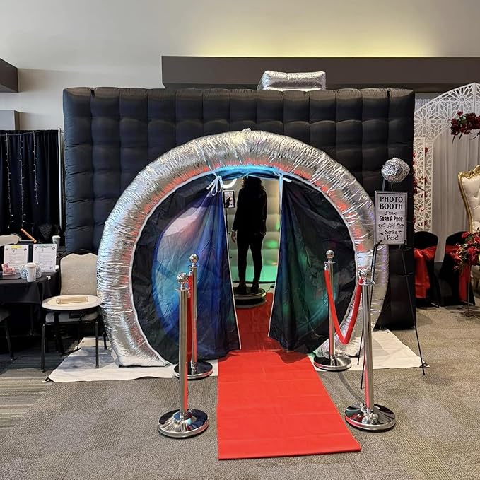SAYOK Inflatable Photo Booth with Lights, Portable Camera Shaped Cube Tent with Blower, 11.5x9.2x8.2ft (Black&Silver Exterior/White Interior), Backdrop for Wedding Events, Parties, Exhibitions