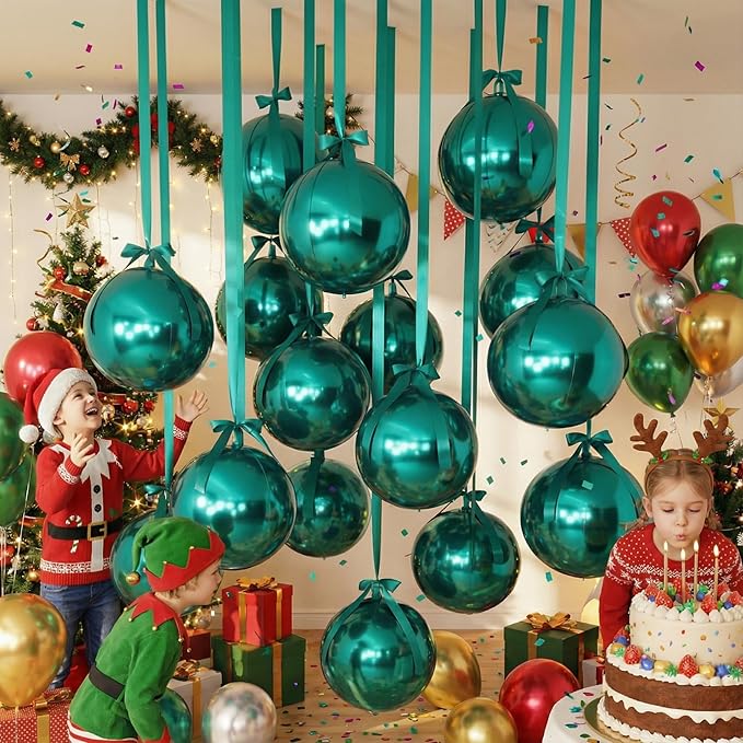 Jenaai 30 Set Round Foil Balloons Bulk 22 Inch 4d Metallic Giant Balloons Set with Satin Bows Ribbon for Ceiling Holiday Ornaments New Year Birthday Wedding Party Decoration(Green)