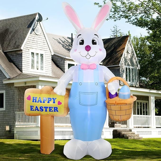 DomKom 8 FT Giant Easter Inflatable Bunny Outdoor Decorations, with Colorful Eggs Basket, Build-in LEDs Happy Easter Blow Up Yard Decorations for Party, Outdoor, Garden, Yard Lawn Décor