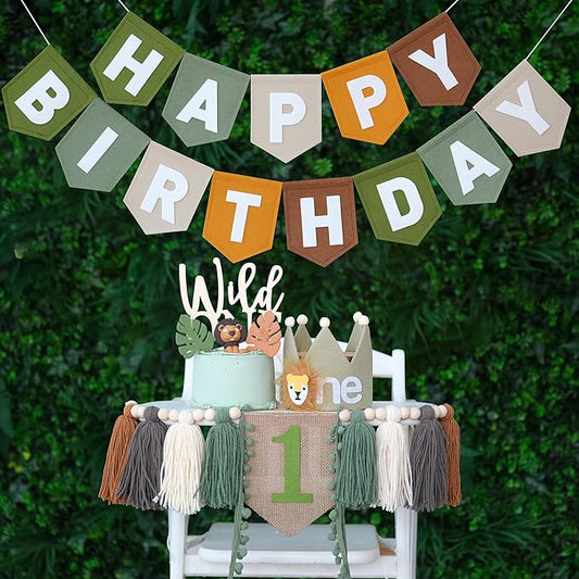 DCJHFJ Wild One High Chair Banner Brown Green Felt Happy Birthday Banner Pre-Strung Jungle Safari Birthday Party Decorations For 1st Boy Party Backdrop